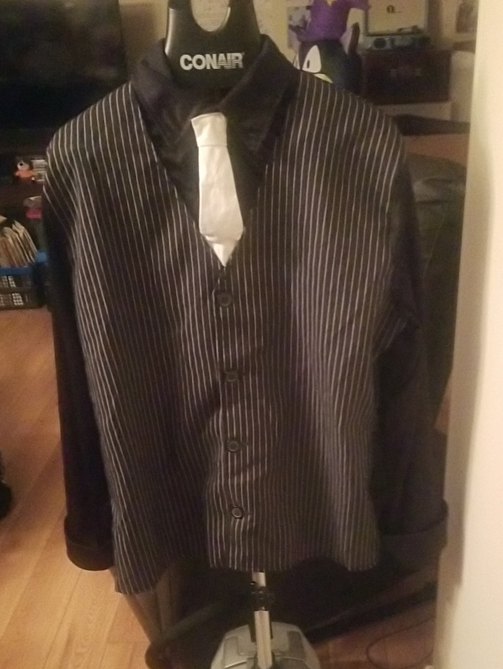 Men's Black Pinstripe Button Vest w White Tie & Pants Halloween COSTUME Plus 1X
